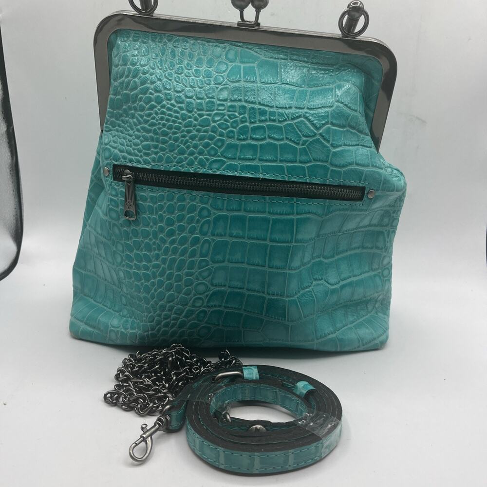 Patricia Nash NOVELlA Frame Bag Aqua Turquoise Croc Leather Kiss Lock Satchel - Picture 2 of 14